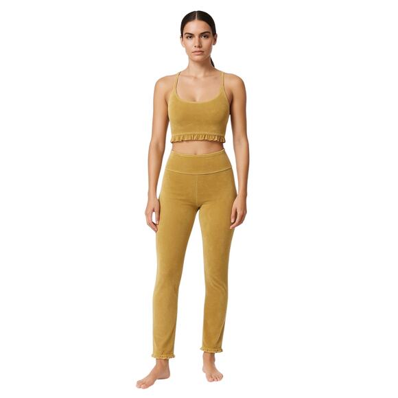 JoyLab Yellow Gold Velour Velvet Sleeveless Crop Top Leggings Pants 2 Pc Set XS - Picture 1 of 6